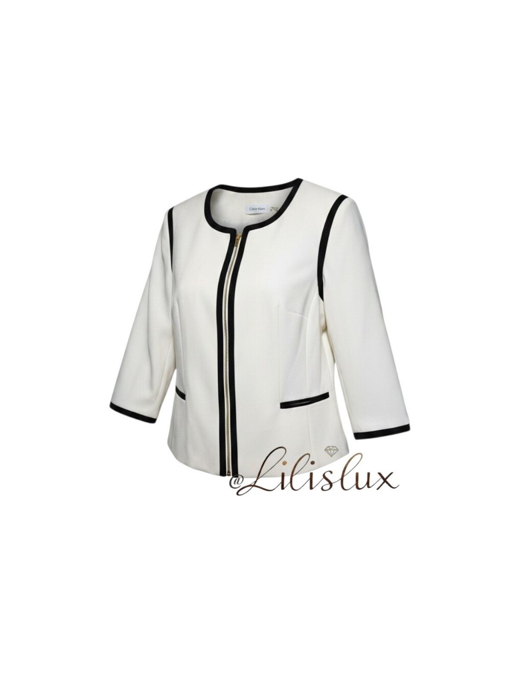 Calvin Klein collarless contrast-trim zip-front blazer in a women's plus size 18 - Picture 2 of 16
